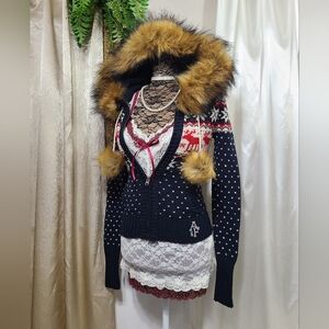 ♡ Y2K ♡ Abercrombie Fur Trimmed Hood Fair Isle Moose Logo Babydoll Sweater